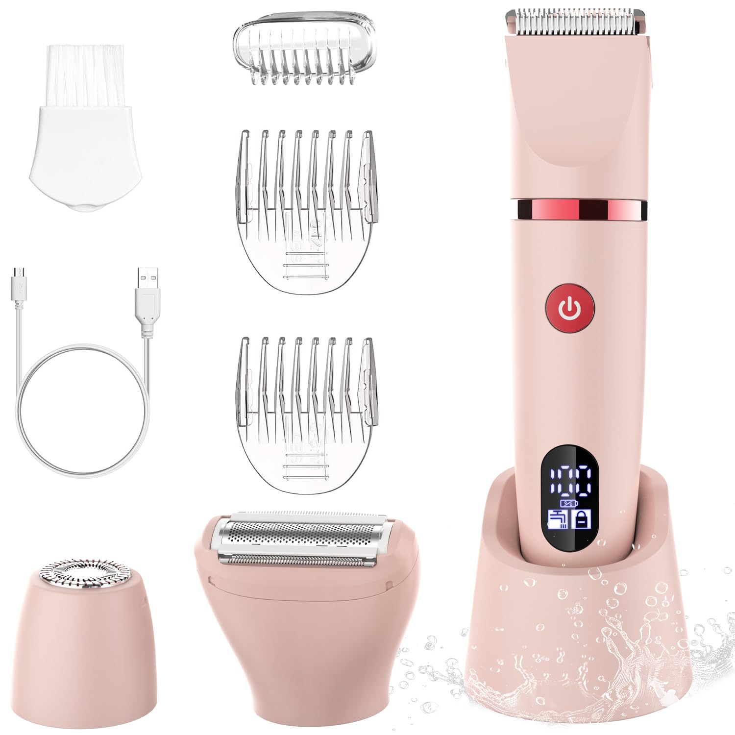 Scttomon afeitadora eléctrica para mujer cortapelos corporal para mujer recortadora para zona bikini Afeitado de piernas impermeable pantalla LCD seco/mojado 3 in 1 rosa