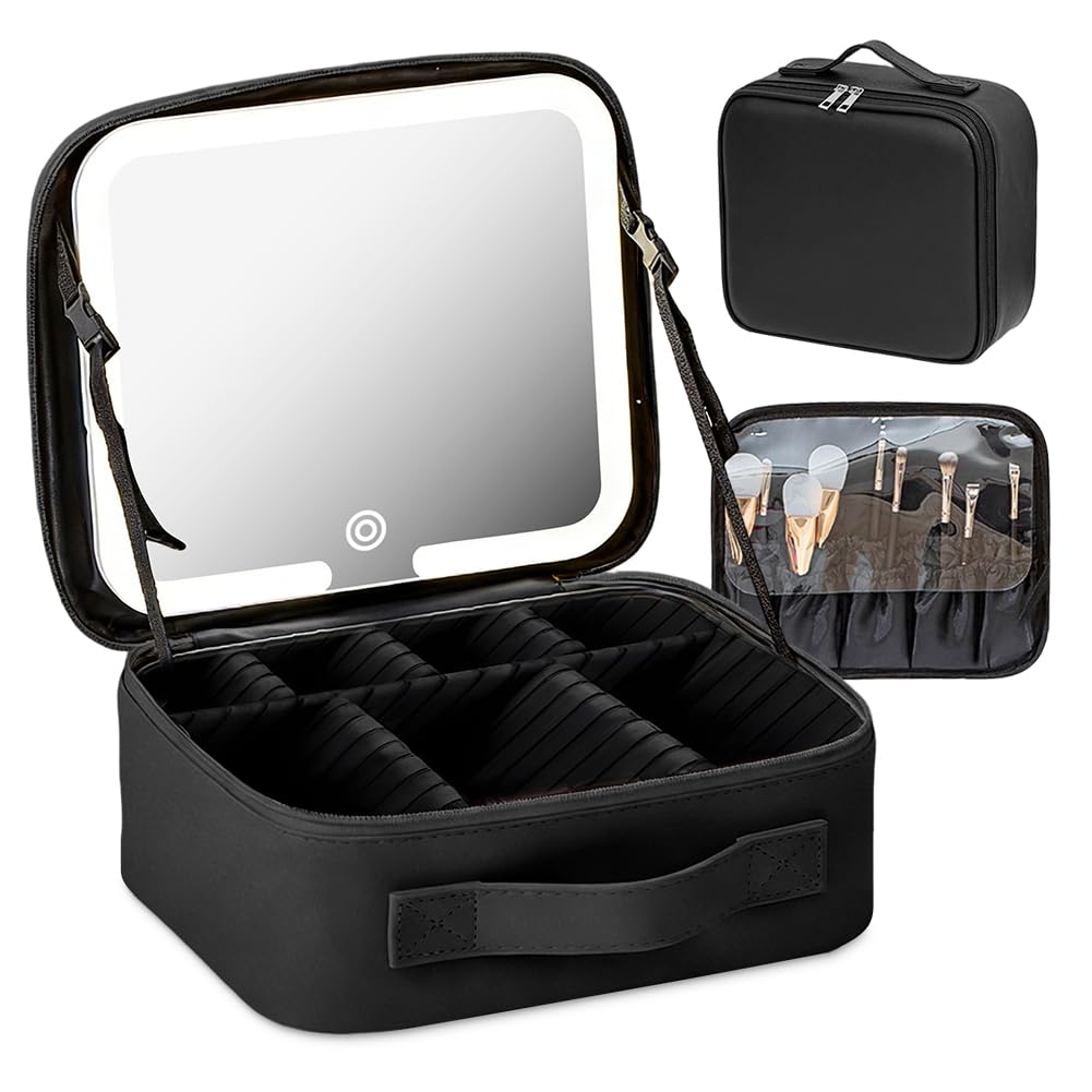 Trousse per cosmetici con specchio e luce, da viaggio con specchio illuminato, 3 colori LED, per trucco, da viaggio, con scomparti, Nero , Beauty case