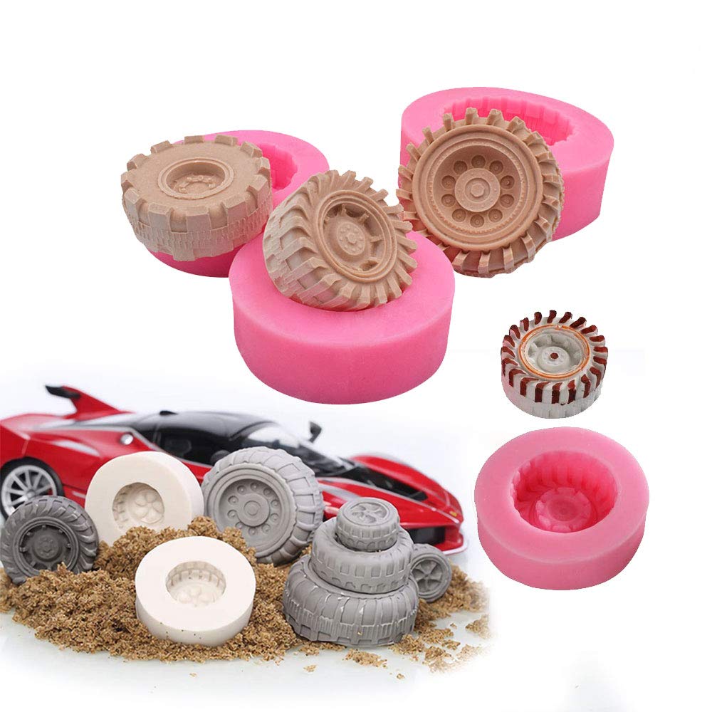 4Pcs/Set 3D Tire Fondant Mold Round Car Truck Tractor Wheel Shape Silicone Mold for Sugarcraft Cake Decoration, Chocolate, Candy, Polymer Clay, Soap, Jelly DIY Cake Decorating Supplies Baking Tools