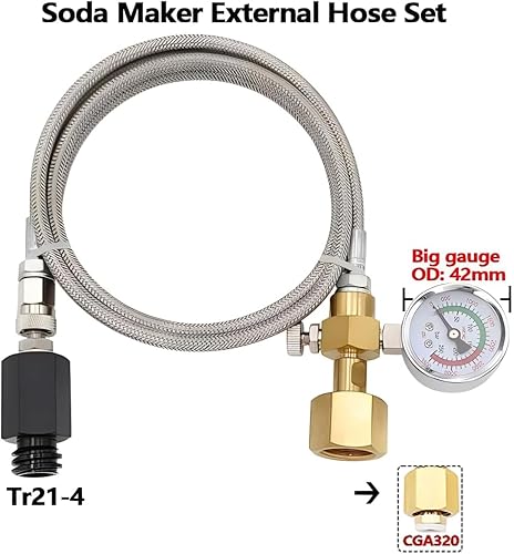 Miniatura 7 de Adaptador de CO2 mejorado para máquina de refrescos, manguera de acero inoxidable de 60 pulgadas con manómetro más grande, adaptador directo de