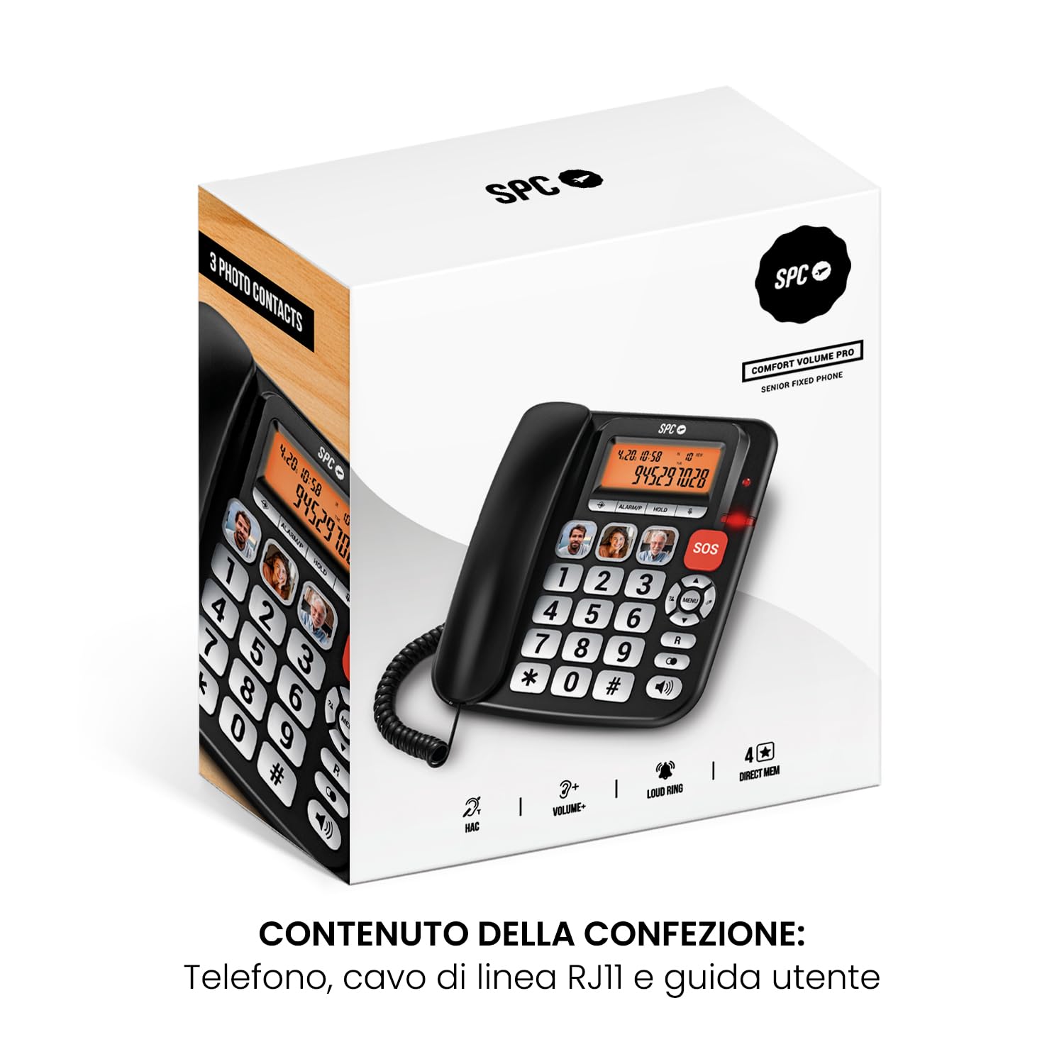 SPC Comfort Volume Pro – Telefono fisso per anziani tasti grandi, suoneria forte e display illuminato | Volume amplificabile +20dB | Memoria diretta, SOS e compatibilità con apparecchi acustici – Nero