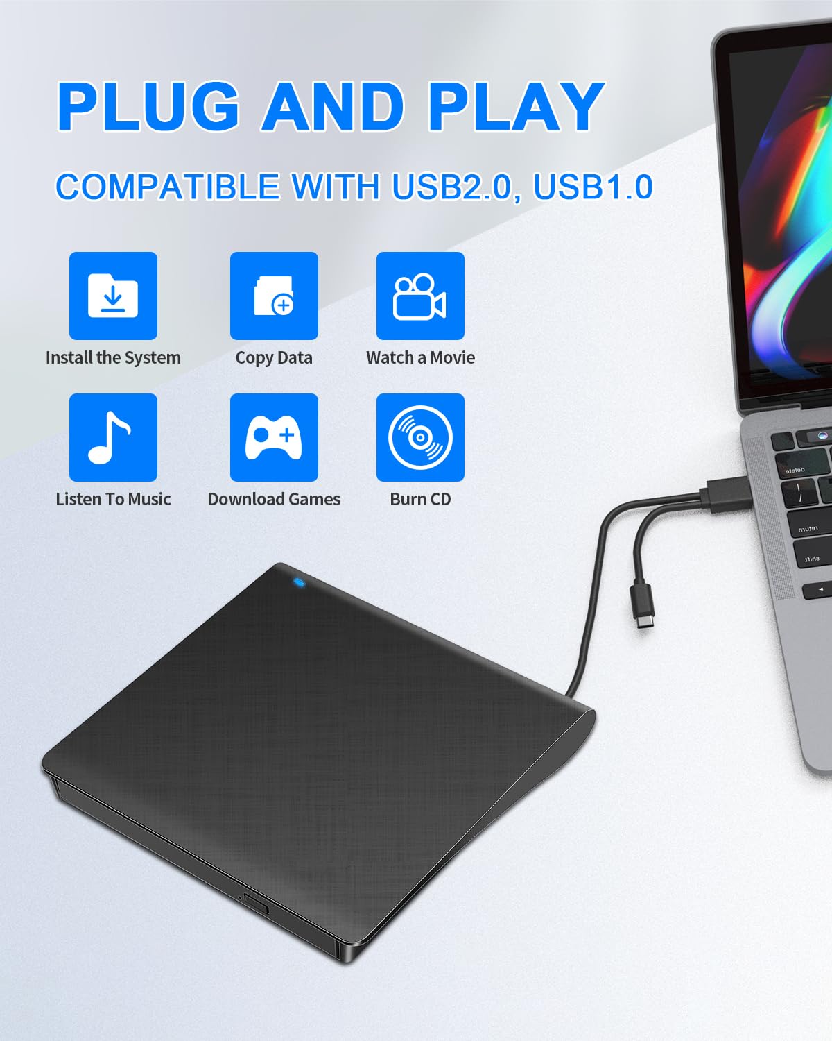 LMEN Odtwarzacz Zewnętrzny DVD CD USB Napęd CD DVD Drive z USB 3.0 I Type-C, Przenośny Czytnik Player CD DVD +/- R/RW/ROM do Komputera Laptopa/Windows 11/10/8/7/Vista/XP/Mac OS/Vista/Linux, Czarna