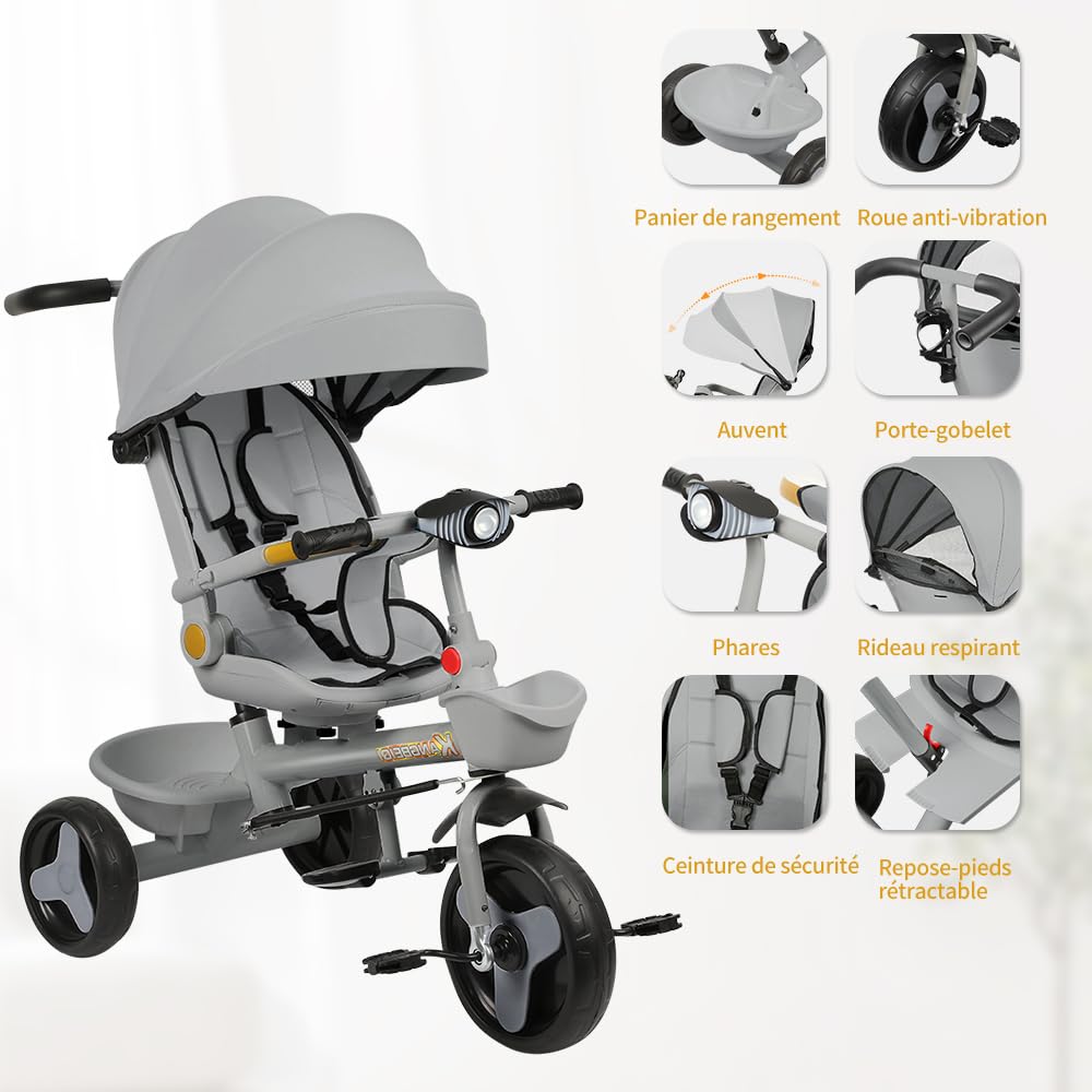 5 in 1 Poussette 3 Roues,jusqu'à 25 kg,Poussette canne,Tricycle évolutif pour Enfant,Grande Capote,Pliage Compact,Dossier Inclinable,Grandes Roues Tout Terrain