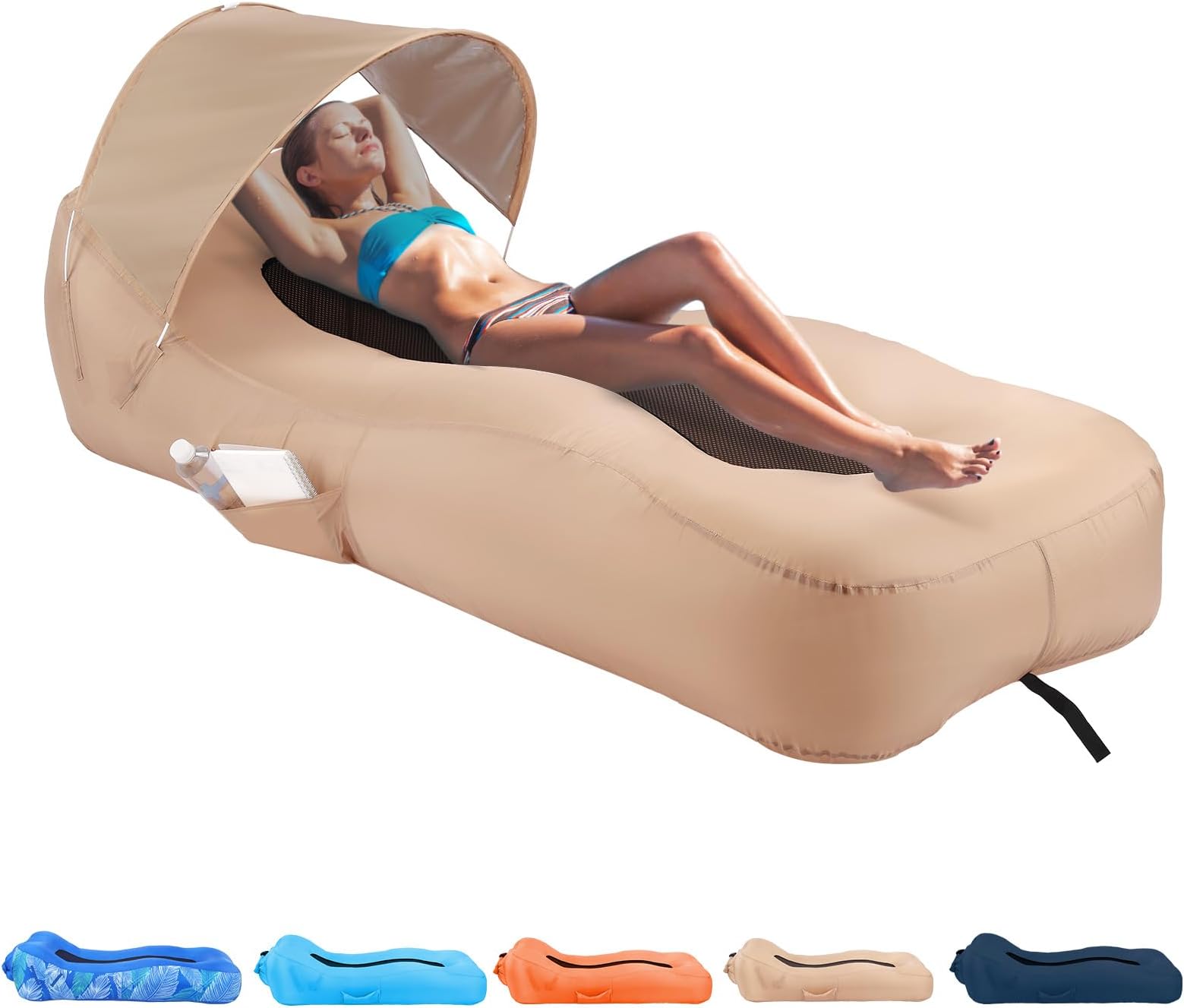 Inflatable Lounger Air Sofa with Unique Sun-Shade Design, Inflatable Beach Bed with Pillow, Waterproof Inflatable Couch Camping Chair Hammock for Hiking Backyard Travel Beach Park Picnics