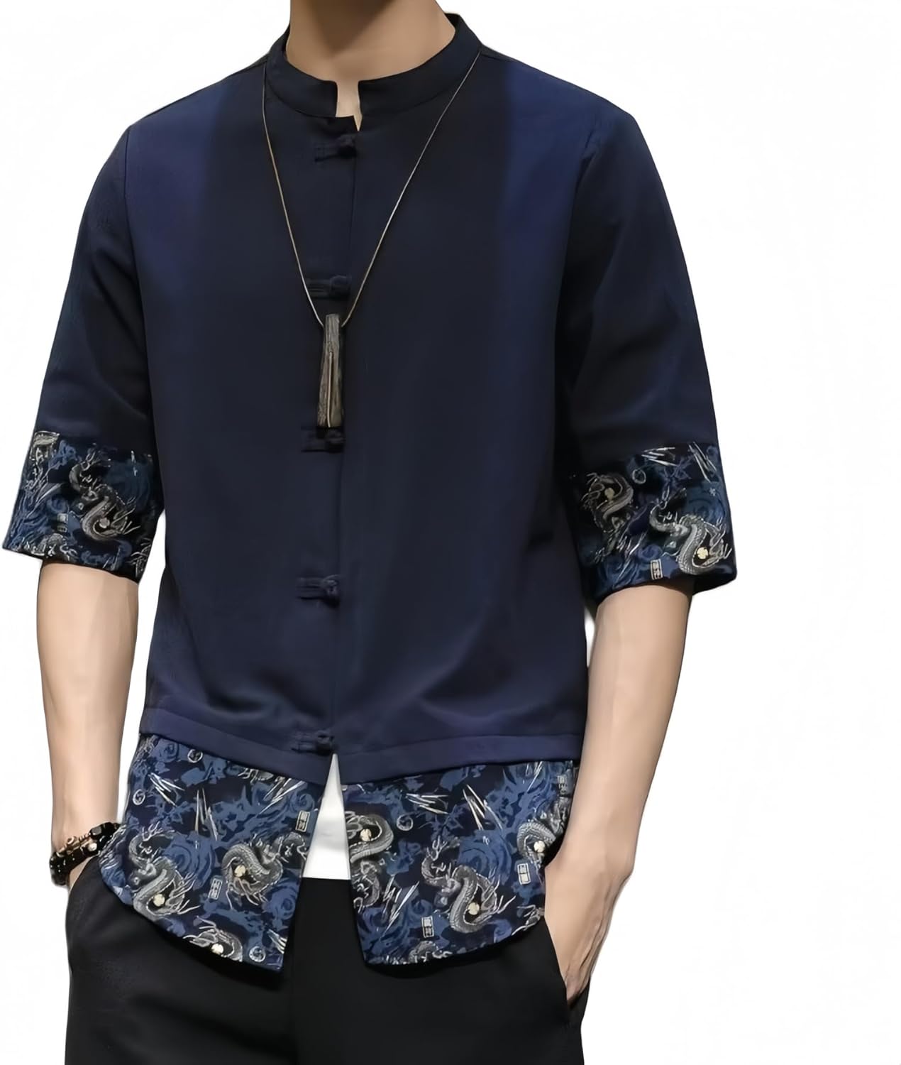 Men's Kung Fu Shirt,Traditional Chinese Hanfu Tang Suit Coat with Silk Printing,Half Sleeve Top for Casual Summer Outfits A-Dark Blue
