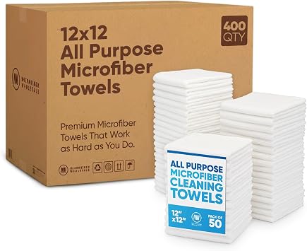 Microfiber Wholesale Bulk 12 X 12 All Purpose Towels Case Quantity 400 Count | No Fraying | High Density Microfiber | Zero Chemical Cleaner | Long-Lasting White