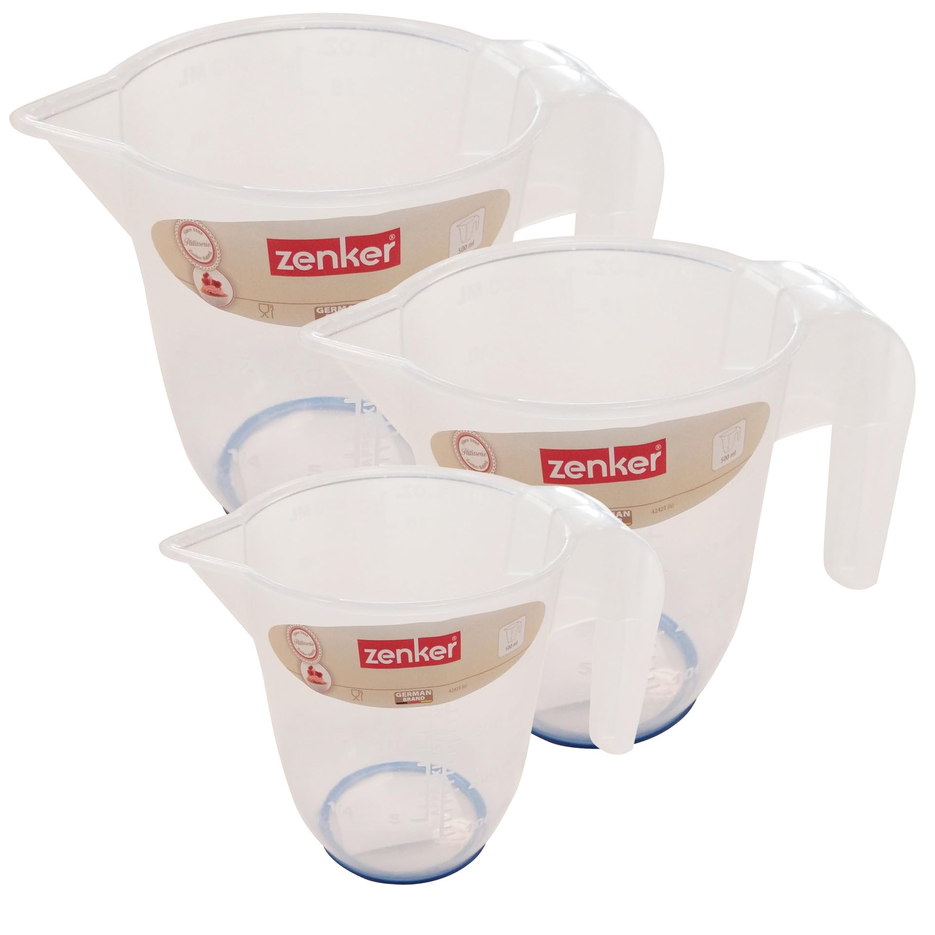 Zenker Set 3 Caraffe Graduate in Plastica Alimentare Trasparente - 0.5 Litri, 1 Litro e 2 Litri - Brocche da Cucina Resistenti al Calore per Misurare Liquidi, Impasti, Cottura
