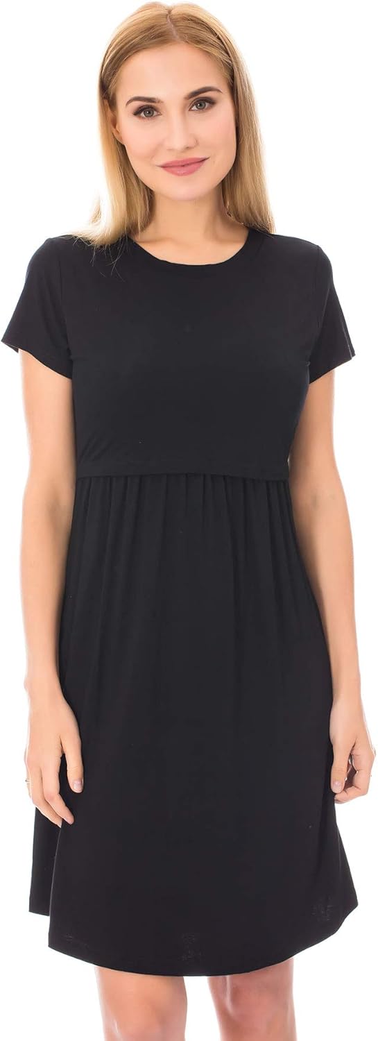 Bearsland Women's Short Sleeves Maternity Dress Nursing Breastfeeding Dresses with Pockets