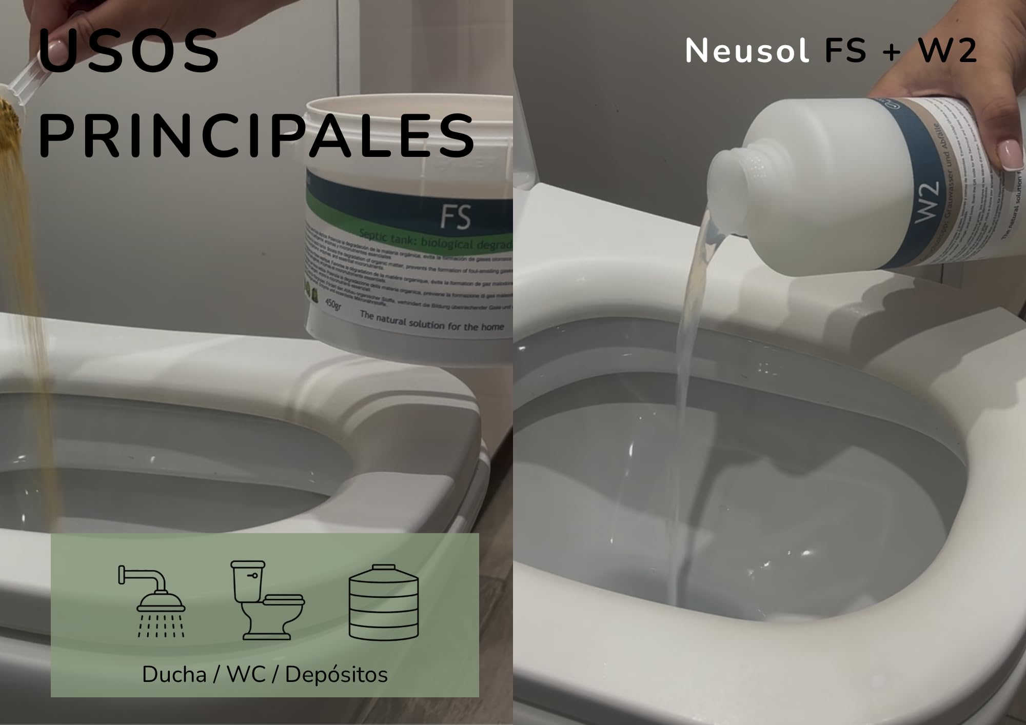 FS + W2 Pack Fosa Séptica Tuberías Olores Bacterias Enzimas | prevención limpieza control de malos olores Doméstico Profesional Sistemas de evacuación Mantenimiento y Choque