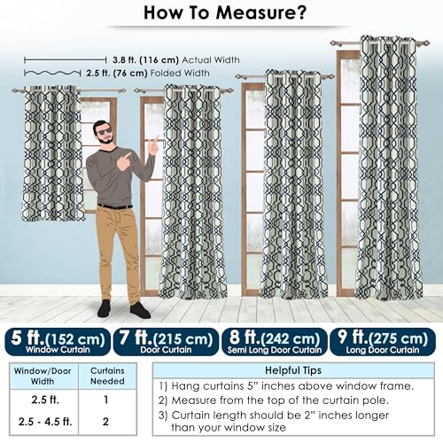 Image of Story@Home Cotton Curtain | Curtains 8 Feet Long Set of 2 | Geometric Printed | Bohemian Curtain | Room Darkening | Semi Long Door Curtains for Living Room | (116 X 242 Cm, White & Grey /Navy Blue)