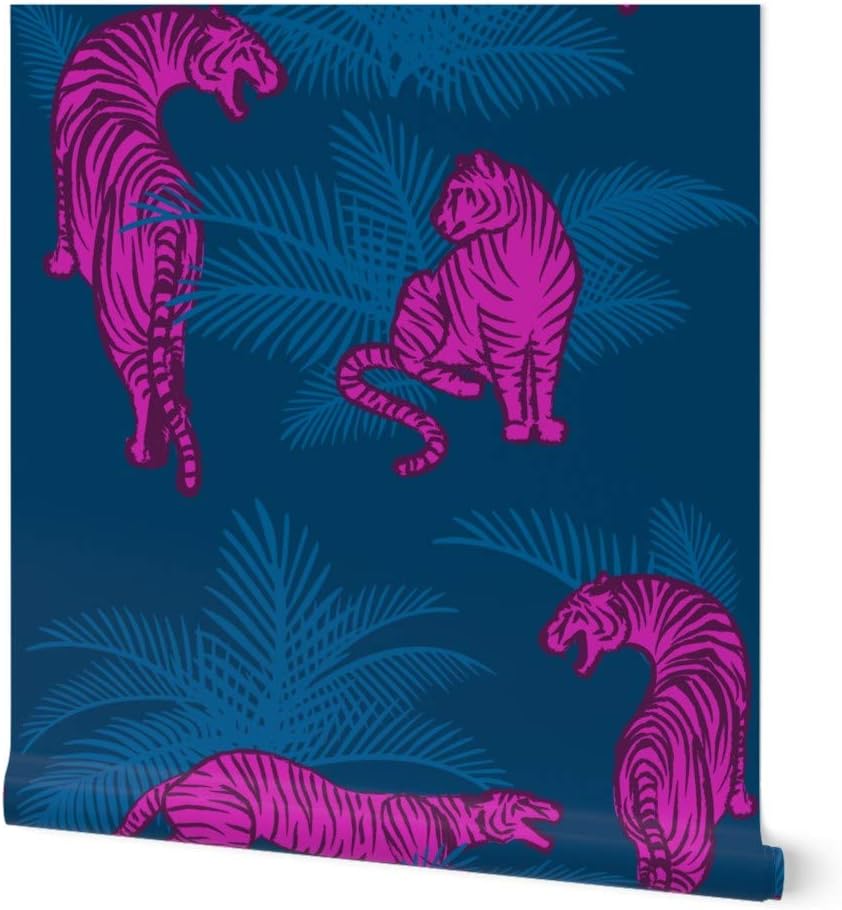 Peel & Stick Wallpaper 12ft x 2ft - Maximalist Jungle Tigers Fuchsia Blue Bright Animal Print Big Cats Custom Removable Wallpaper by Spoonflower