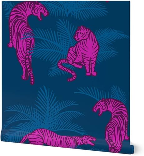Spoonflower Papel tapiz para despegar y pegar, diseño de tigre de la selva Maximalista, color azul fucsia, brillante, estampado de animales grandes,