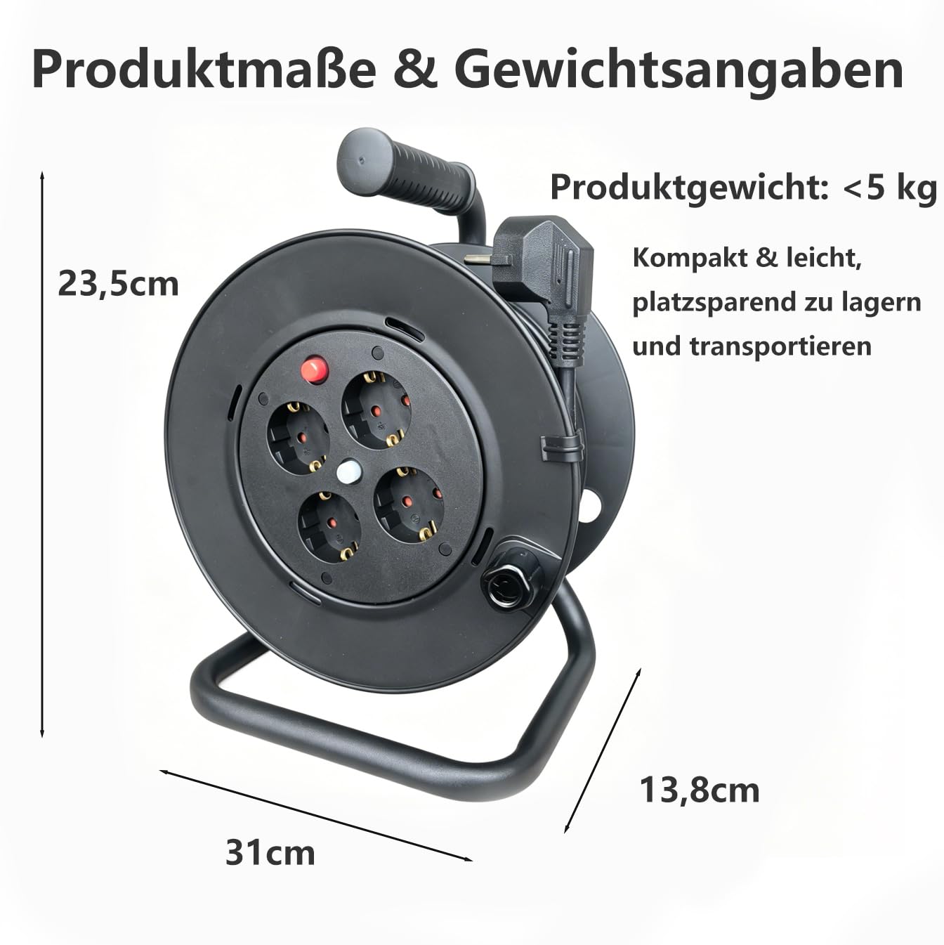 Werkstatt Kabeltrommel 30m mit Schalter und Überhitzungsschutz | TÜV-Zertifiziert,IP20,Handkabeltrommel mit Tragegriff, ideal für Indoor und Garten, Kabelrolle mit Steckdosenleiste, schwarz
