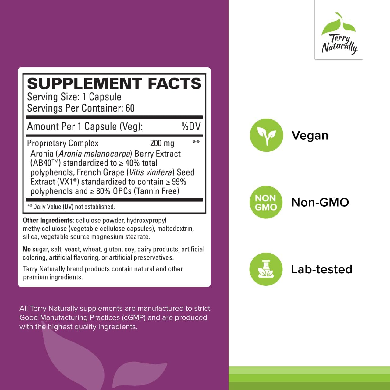 Terry Naturally Aronia Berry Complex - Antioxidant Support Supplement with Grape Seed Extract - Dietary Supplement Formula to Support Healthy Heart Function - 60 Capsules (60 Servings)
