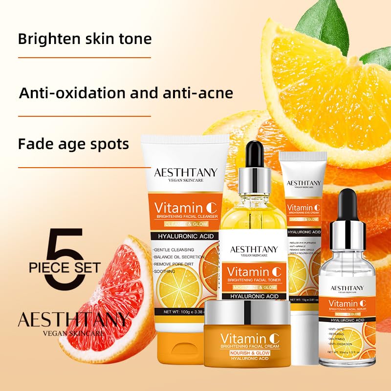 AESTHTANY Vitamin C Skin Care Set,Face Care Set for Women,with Cleanser,Toner,Eye Cream,Serum,Cream,Travel Size Skincare Set 5Pcs,Anti-Aging - Image 3