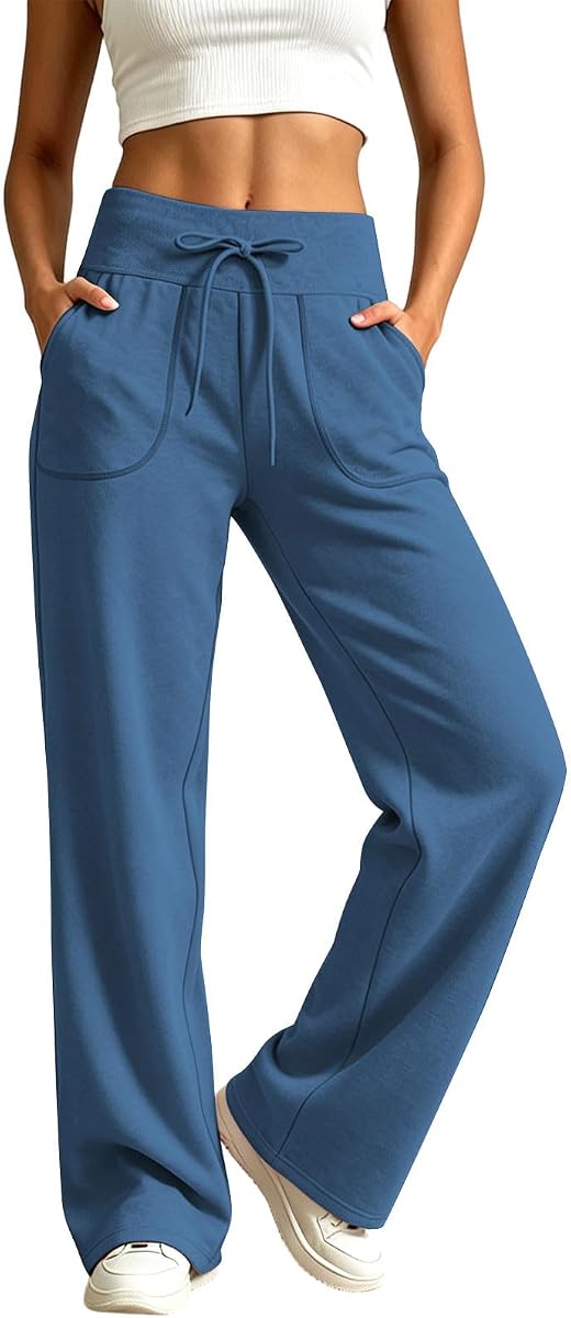 Pantalones de chándal para mujer, pantalones de entrenamiento con cordón y bolsillos, cintura alta, elásticos, cómodos, de pierna ancha y suave