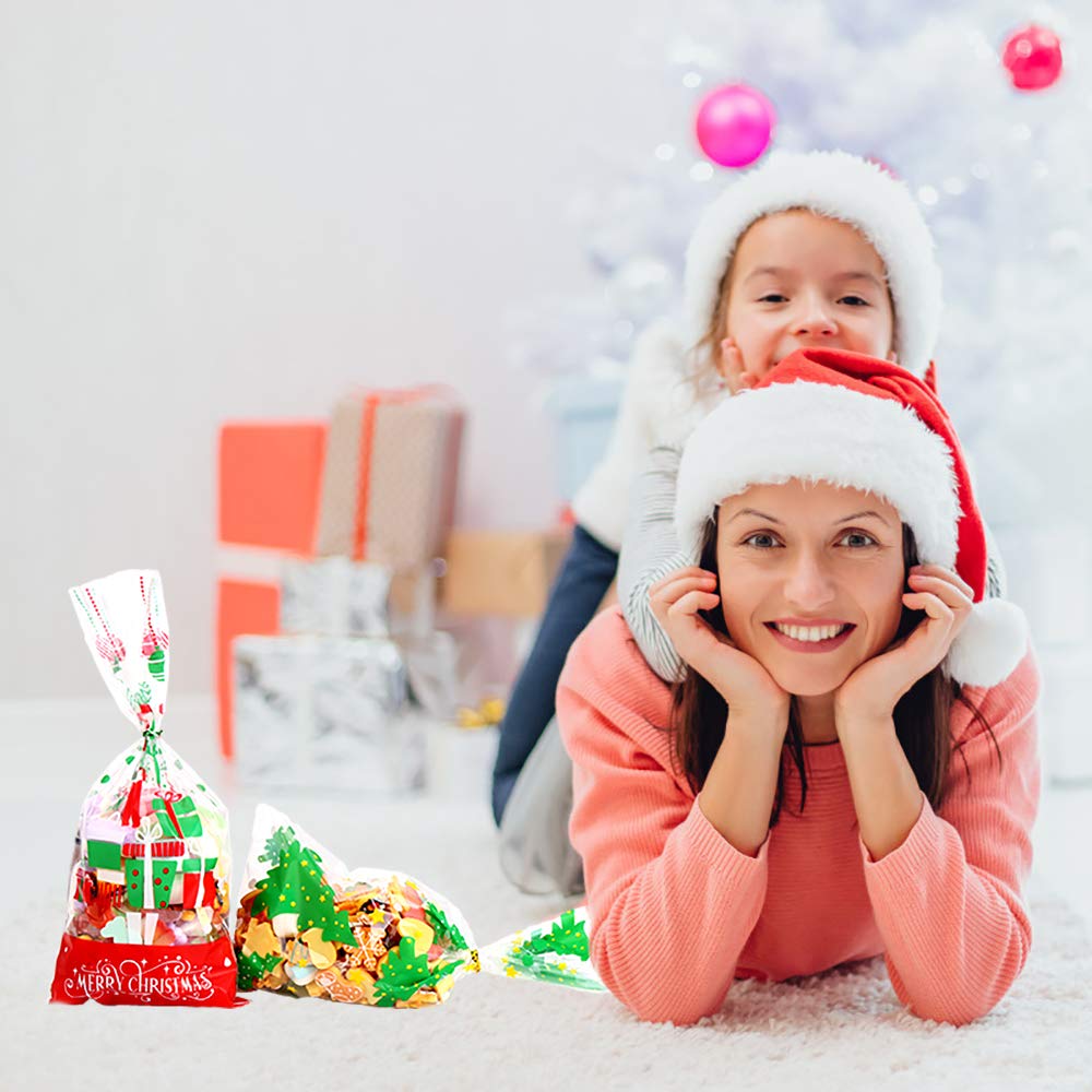 DIYASY 200 Sacchetti Cellophane Natale + 240 Fascette – 12,5x27,5 Cm Con Stampe Festive