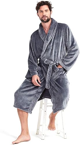 Miniatura 5 de HOLOVE Bata de forro polar con capucha para hombre, con cuello de felpa, suave y cálida, manga larga