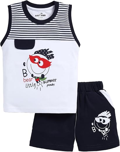CUTOPIES Boys Black Sleeveless Tshirt and Short Set (Pack of 1) Baby Boys' Clothing Sets