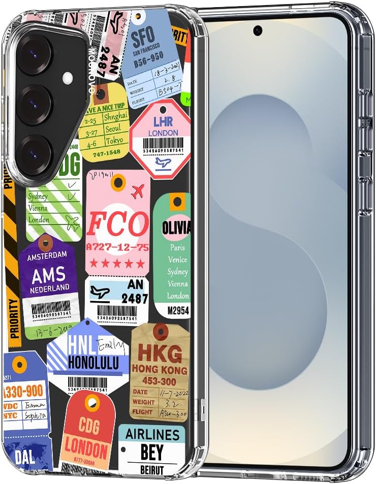 MOSNOVO Case for Samsung Galaxy S25 / Galaxy S24, [Buffertech 6.6ft Military-Grade Drop Protection] [Anti Peel Off Tech] Clear TPU Bumper Phone Case Cover Design - Air Ticket Labels