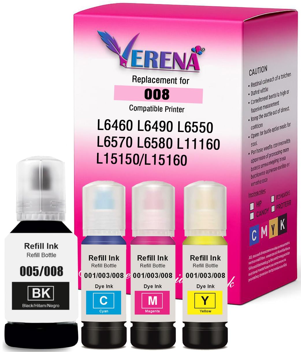 VERENA 008 Black Refill Ink for Epson L6460/L6490/L6550/L6570/L6580/L11160/L15150/L15160 Printer (Color-4Pcs)