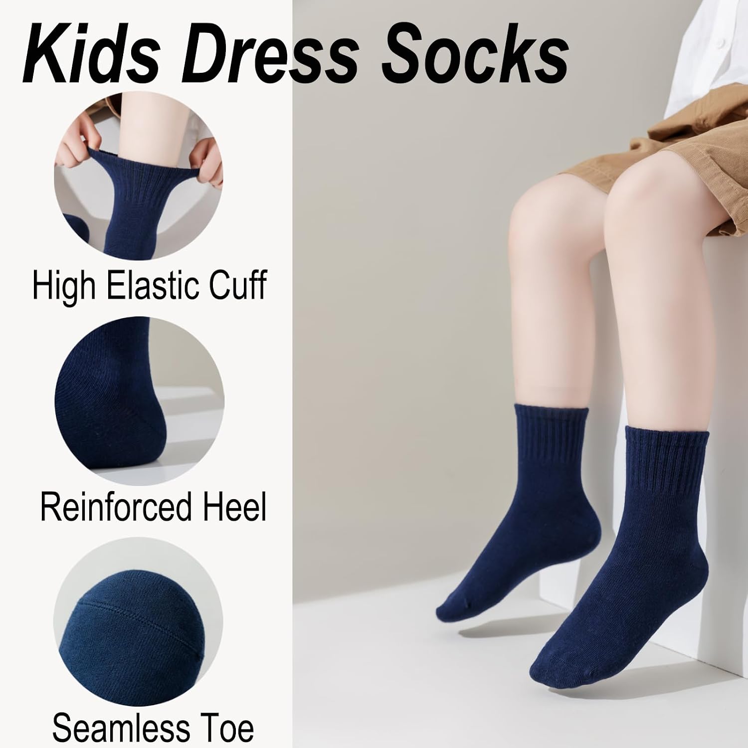 Kids Crew Socks Seamless Cotton School Dress Socks for Boys & Girls 10 Pack