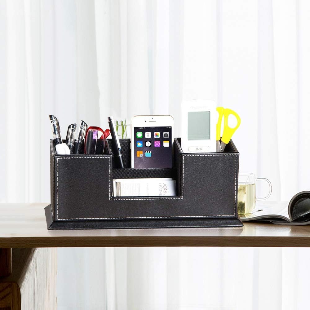 PUSU Leather Cute Pen Organizer,Pencil Holder,Pen Cup/Stand/Tray/Container/Caddy,desk organizers and accessories,Office Supplies Desktop Storage Box for Stationery,Business Card,Phone,etc.… (black) : Office Products