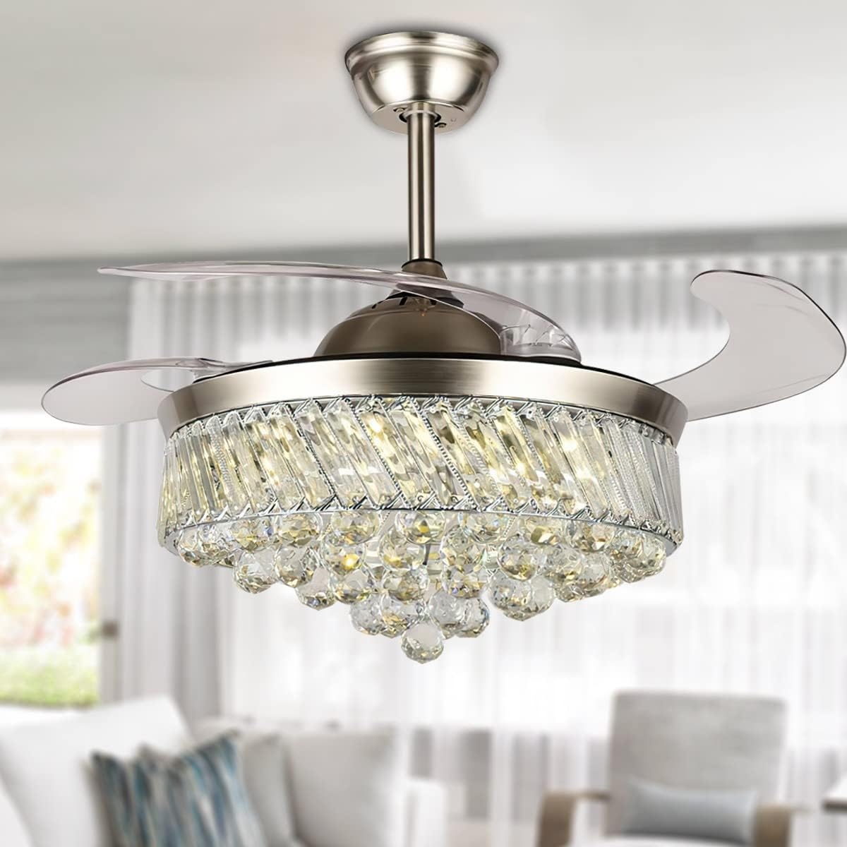 42'' Crystal Ceiling Fan with Lights and Remote, 3 Color 3 Speed Silver Modern Fandelier, Chandelier Ceiling Fan with Retractable Invisible Blades for Indoor