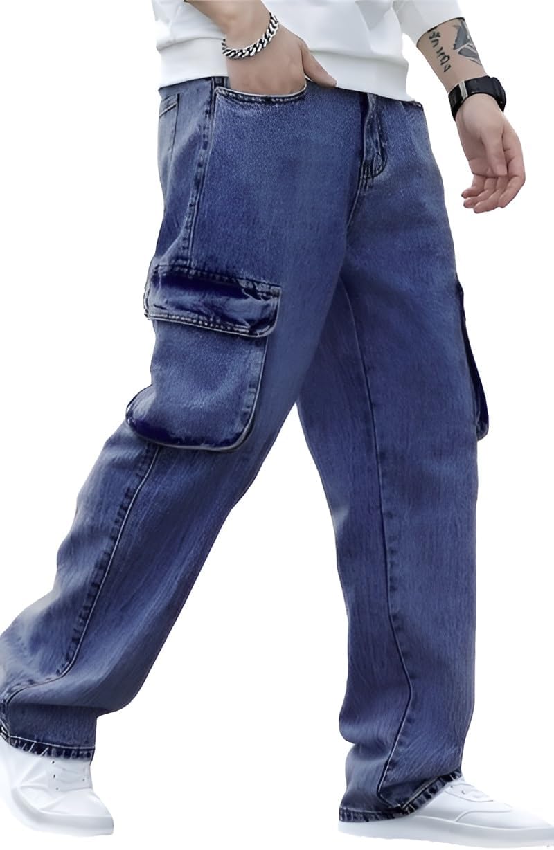 Ben Martin Men's Denim Cotton Cargo Jeans || Stretchable Baggy Fit || High Waist Loose Cargos for Men with Box Pockets || Stylish Gen-Z Streetwear || Sizes 28โ40 || Black, Khaki, Grey & More