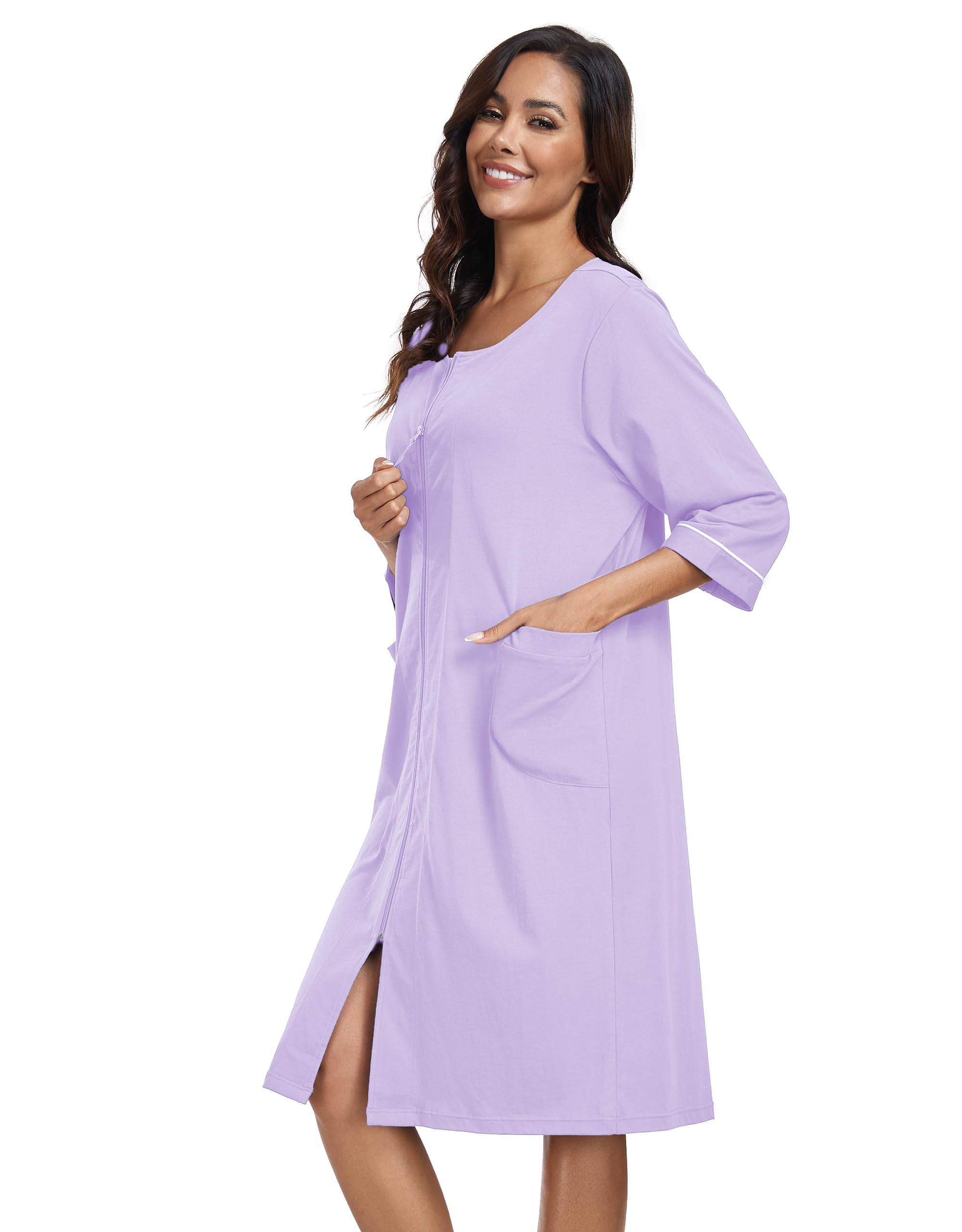 COLORFULLEAF Albornoz para mujer de con cremallera algodón manga 3/4 bolsillos