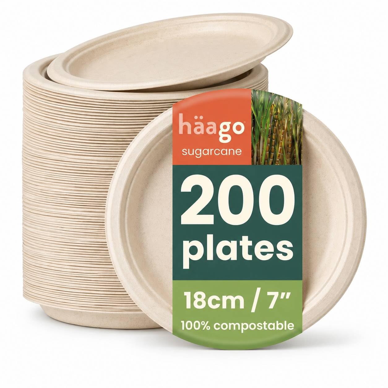 HAAGO 200 Eco Disposable Sugarcane Dessert Plates, 7 Inch (18cm) - Natural Colour Small Plates - Biodegradable & Compostable Side Plates for Desserts, Starters & Snacks - Sturdy & Heavy Duty