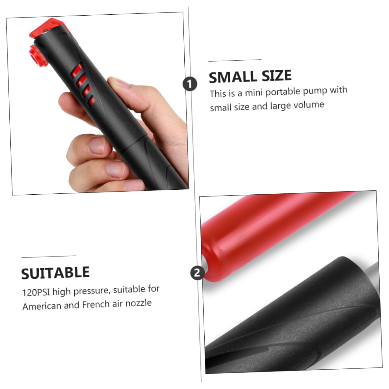 Gogogmee Set Tire Floor Pump 120psi Bike Tire Inflator Manual Pump Handheld Design Portable for Outdoor Cycling Black/red