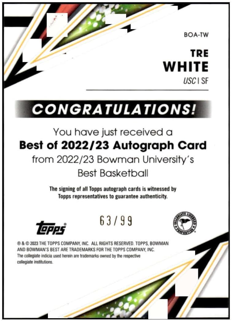TRE WHITE RC AUTO 2023 Bowman University Best Autograph /99 Refractor Green #BOA-TW ROOKIE NM+-MT+ NBA Basketball NCAA