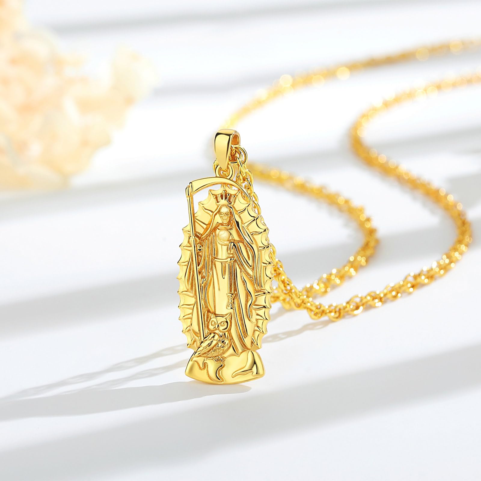 Collar Collar Santa Muerte Plata de Ley 925 para Mujer Hombre, Colgante Recuerdo Mori Cráneo y Serpiente Joyería Amuleto Regalo Original para Padre Madre Mujer, 22"+2"