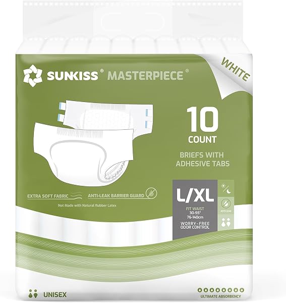 SUNKISS Masterpiece Pieluchy dla dorosłych z zakładkami, jednorazowe majtki na nietrzymanie moczu dla kobiet i mężczyzn, kontrola zapachu, Biały, L/XL, 10 sztuk