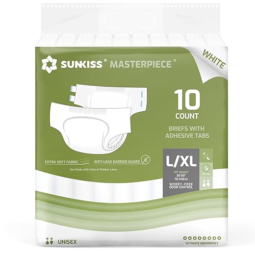 SUNKISS Masterpiece Adult Diapers with Tabs, Unisex Disposable Incontinence Briefs for Women and Men, Odor Control, White, Large/XLarge, Previously Large, 10 Count - Large/Xlarge - White (Pack of 10)