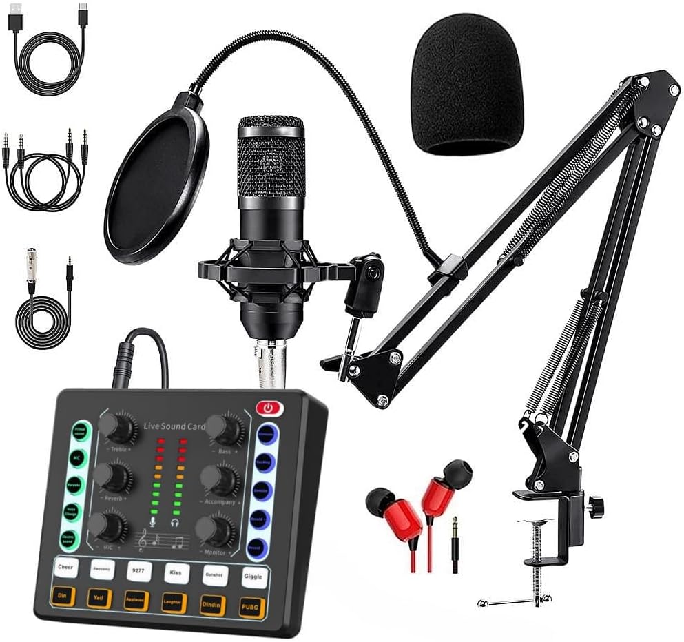 Podcast Equipment Bundle, BM-800 Podcast Microphone Bundle-Voice Changer with live Sound Card-Studio Condenser Microphone for Phone, PC, DJ, Perfect for Recording, Singing, Streaming and Gaming