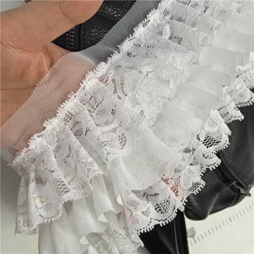 2 Yards of 9cm Width 3-Layer Floral Embroidery Ruffled Chiffon Lace Fabric Trim (White)