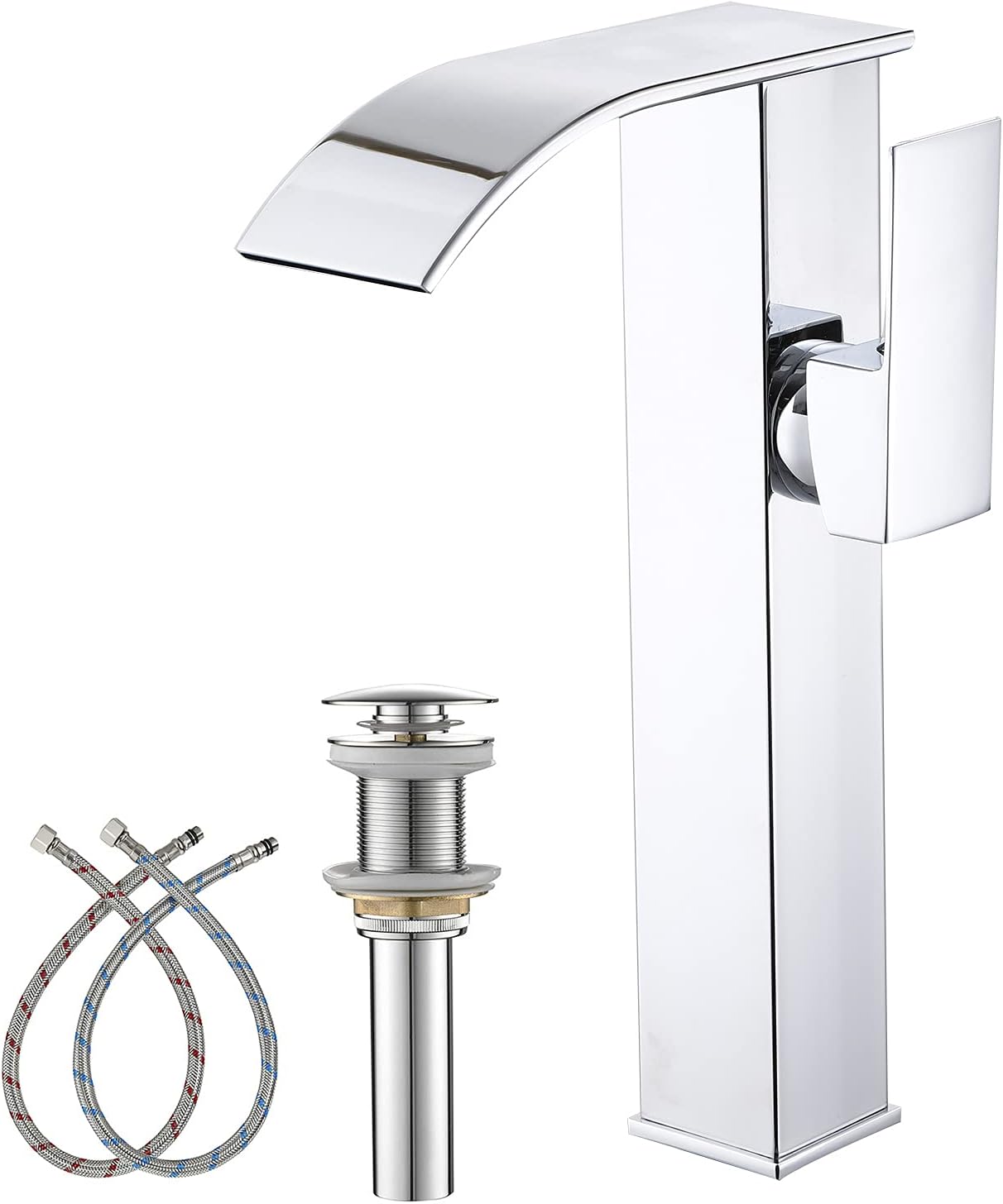 Chrome Bathroom Vessel Faucet Waterfall Spout Single Hole One Handle Deck Mount Bowl Sink Faucets Matching Pop Up Drain Without Overflow Tall Lavatory Vanity Bar Tap Commercial Modern