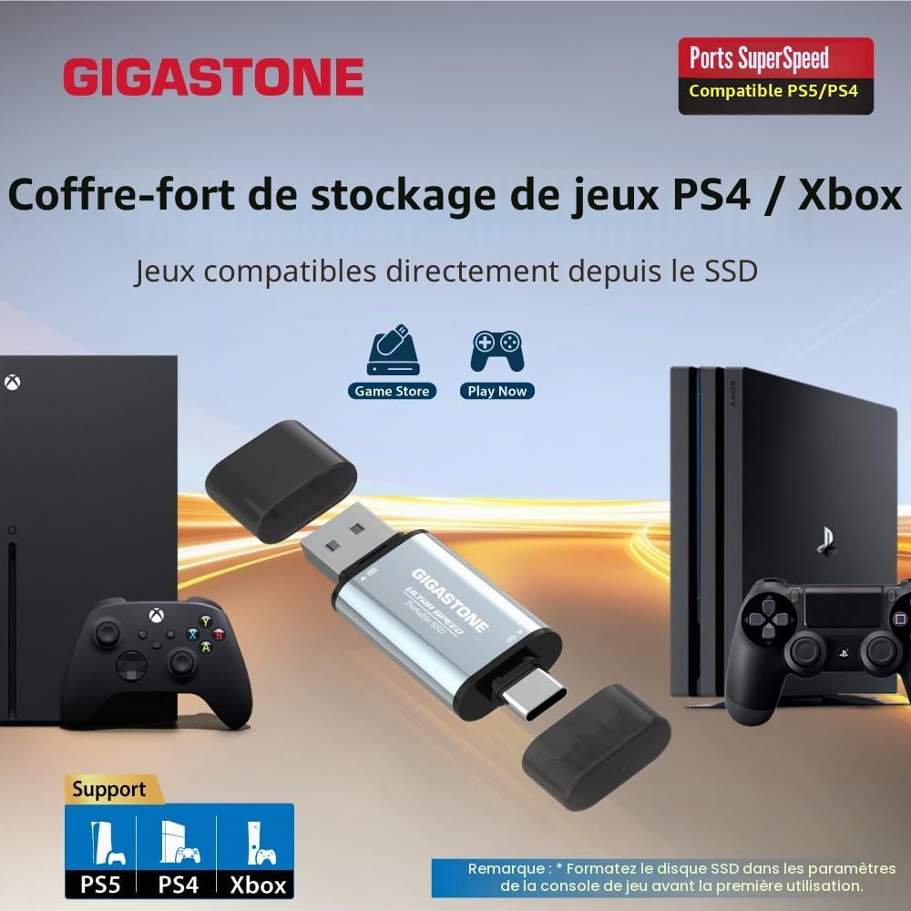 Gigastone SSD Externe 1To USB-A+C jusqu'à 500 Mo/s pour PS5 iPhone16 4K 60fps ProRes USB 3.2 Gén2 Disque Dur SSD Portable pour MacBook iPad PlayStation Xbox Duo Go