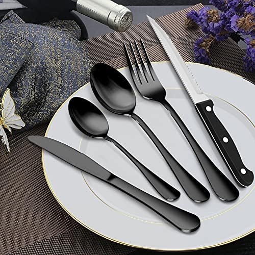 30 Piece Black Cutlery Set with Steak Knives, Homikit Stainless Steel Flatware Silverware Sets Service for 6, Elegant Tableware Set Included Knives Forks Spoons, Mirror Polished, Dishwasher Safe
