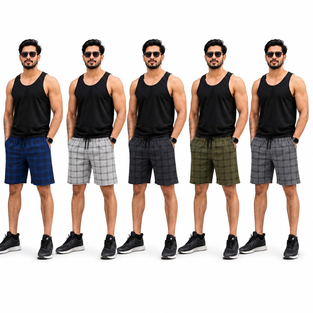 Men’s Checkered Shorts Pack of 5 | Soft Lightweight Lounge Shorts with Elastic Waist, Adjustable Drawstring & Side Pockets | Casual, Travel, Workout-picture-34