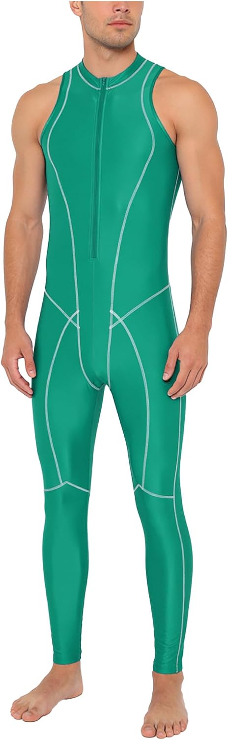 Freebily Mens Sleeveless Glossy Full Body Swimsuit Mock Neck Front Zipper Bodysuit Jumpsuit for Pool