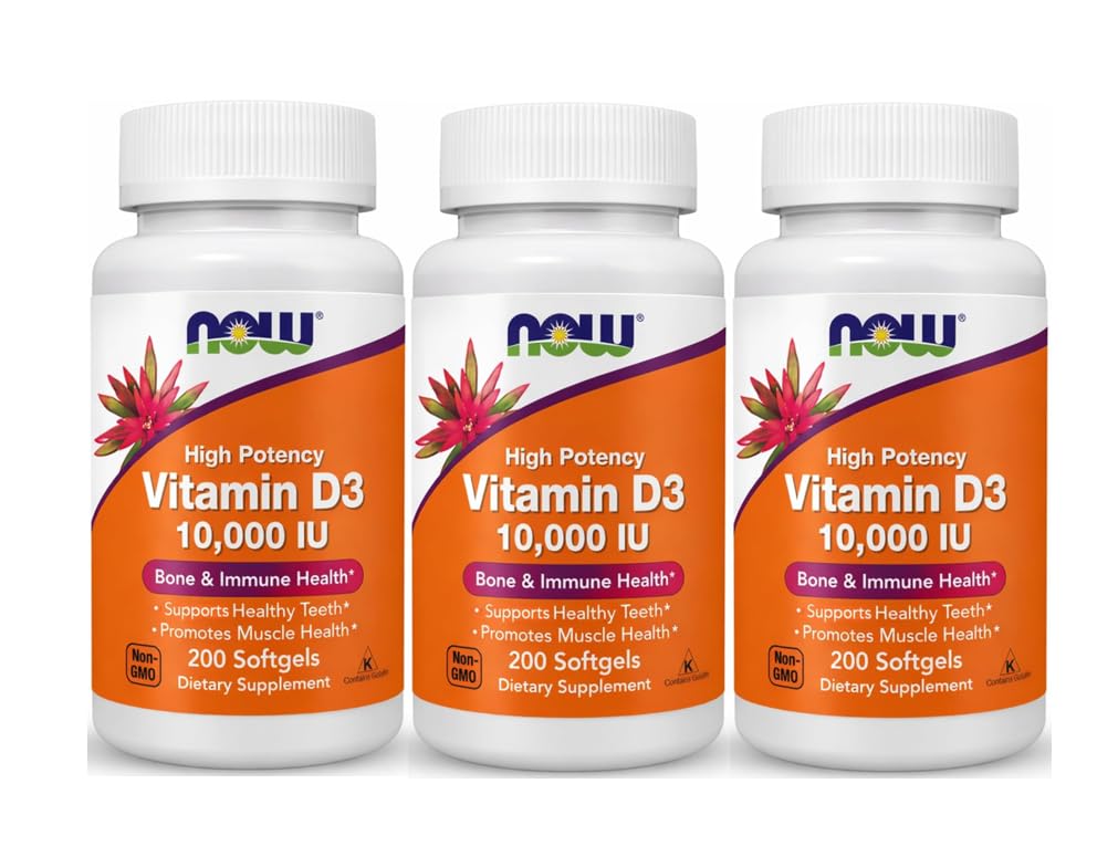 NOW Foods Supplements, Vitamin D-3 10,000 IU, Highest Potency, Structural Support*, 200 Softgels 200 Count Pack of 3 200 Count (Pack of 3)