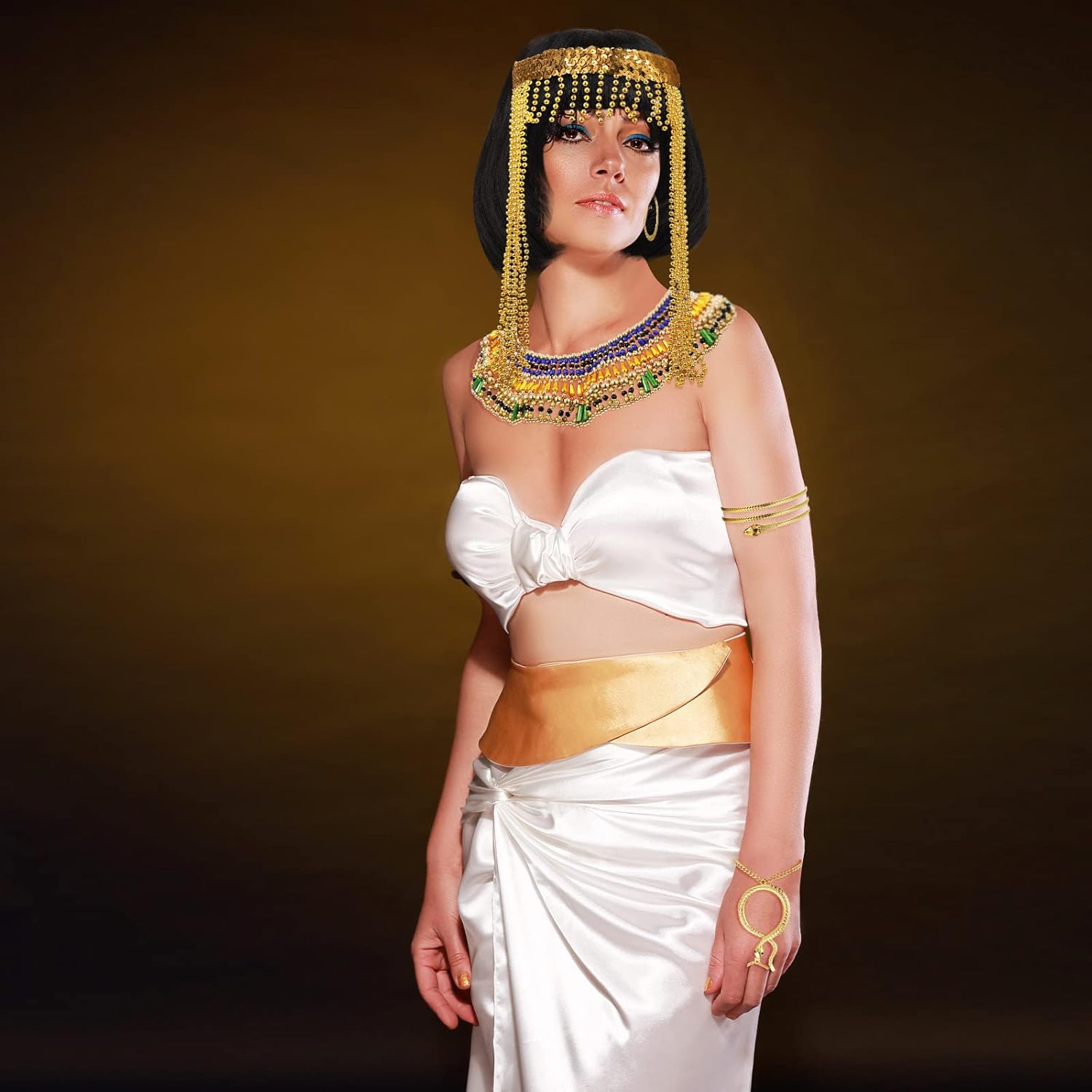Hillban 6 Pcs Egyptian Headpiece Costume for Women Africa Accessories Set Bob Wigs Tassel Head Chain Snake Arm Cuff Golden Finger Ring Bracelet Collar Necklace Earring Cosplay Party - Image 6