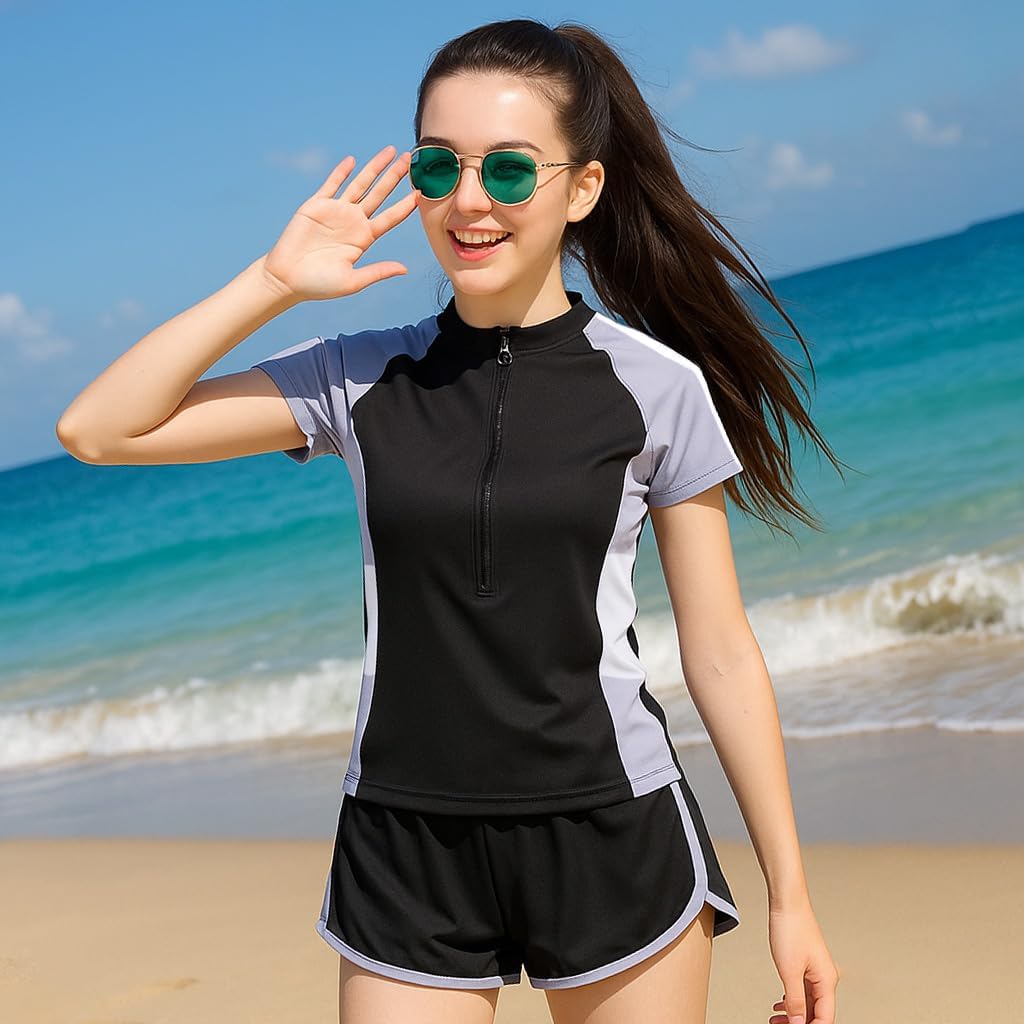 Swim Suits for Teens Girls Two Piece Swimsuits Rash Guard Swim Set Bathing Suit Beach Shorts Swim Shirts Size 8,10-12,14-16 Black