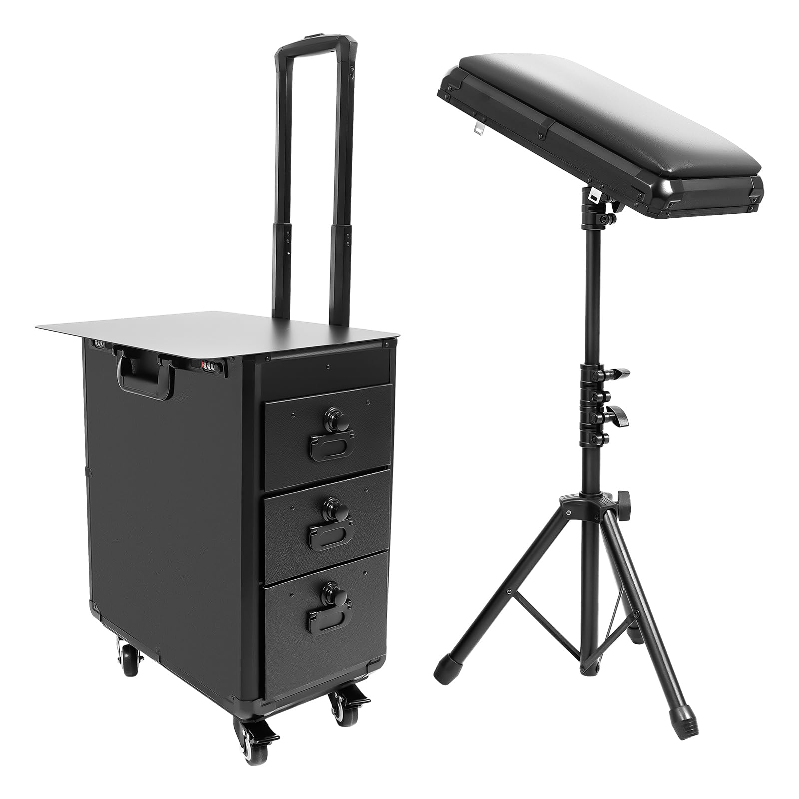 Rolling Makeup Case, Train Travel Cases w/3 Drawers and 4 Universal Wheels, w/Armrest Stand Removable Nail Art Embroidery Trolley, Professional Makeup Case Organizers for Salon Barber (Metal plate)