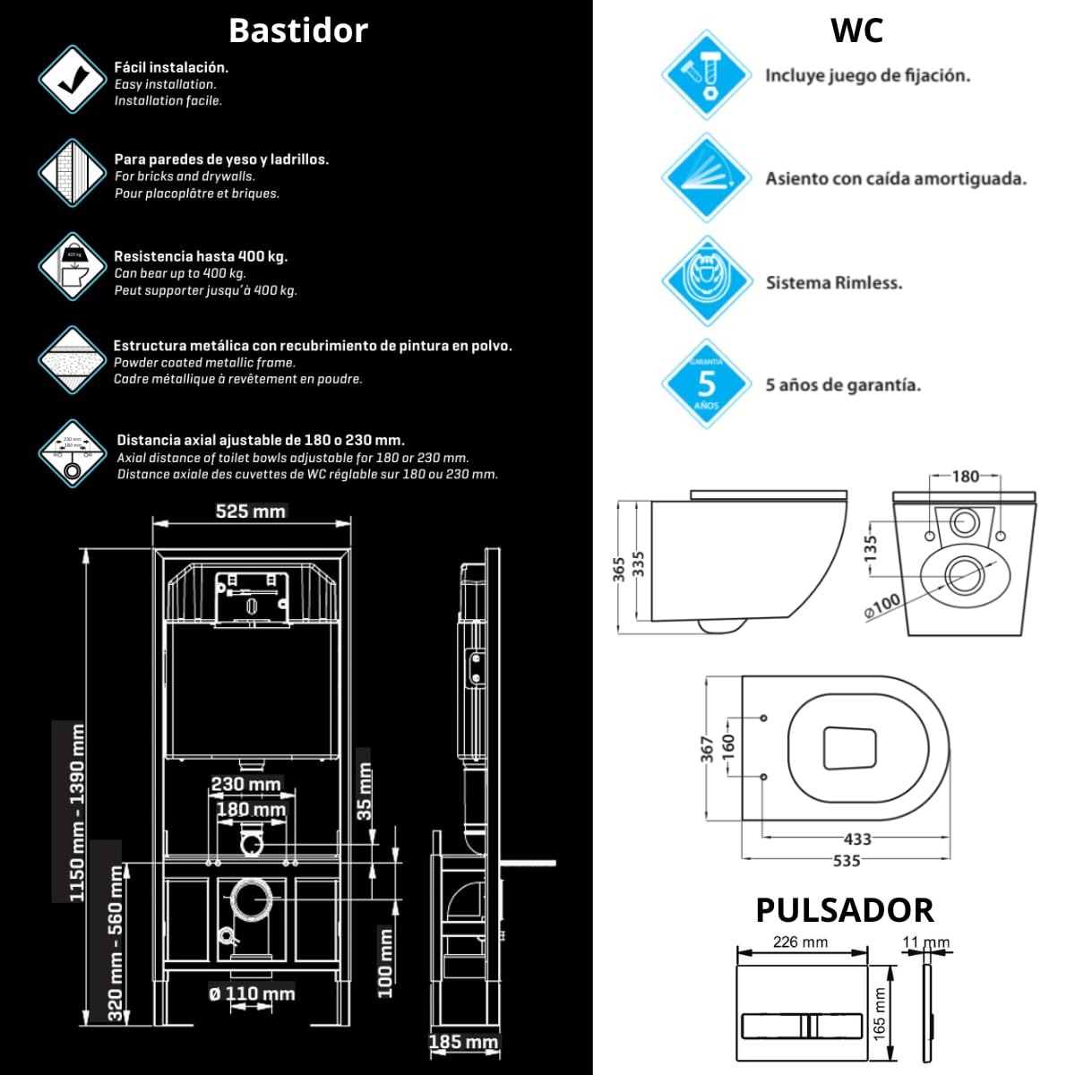 Pack Inodoro Suspendido Blanco Brillo y Cisterna Empotrada Autoportante con Pulsador BLANCO | Inodoro Suspendido Blanco Brillo Rimless Sin Borde de Fondo Reducido y Asiento Extrafino