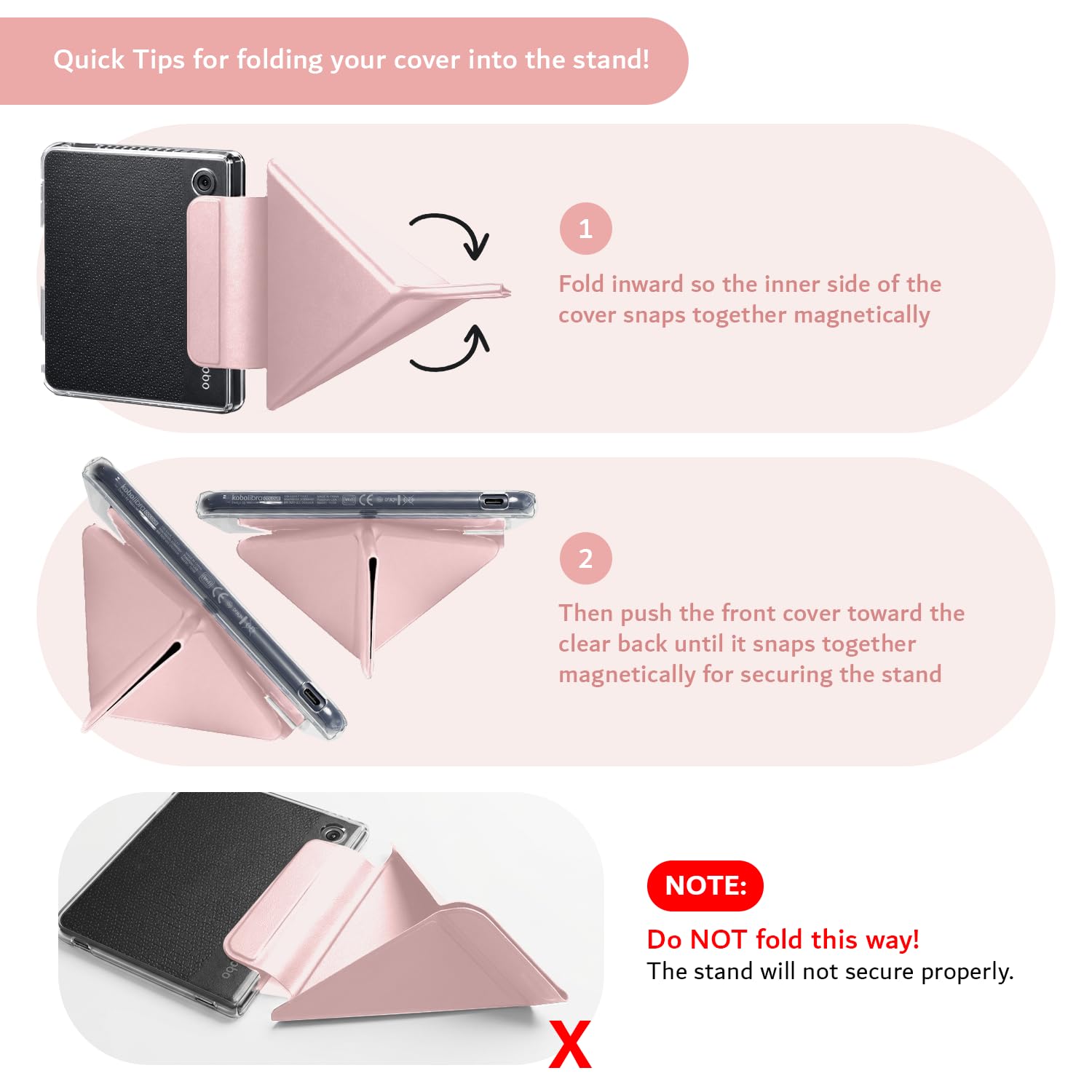 TUDIA M-FLIP Detachable Clear Magnetic Case for Kobo Libra Colour (2024) - [Auto Wake/Sleep] Shockproof Slim Transparent Back Magnetic Fold Cover with Stylus Holder (Pink) — view 8