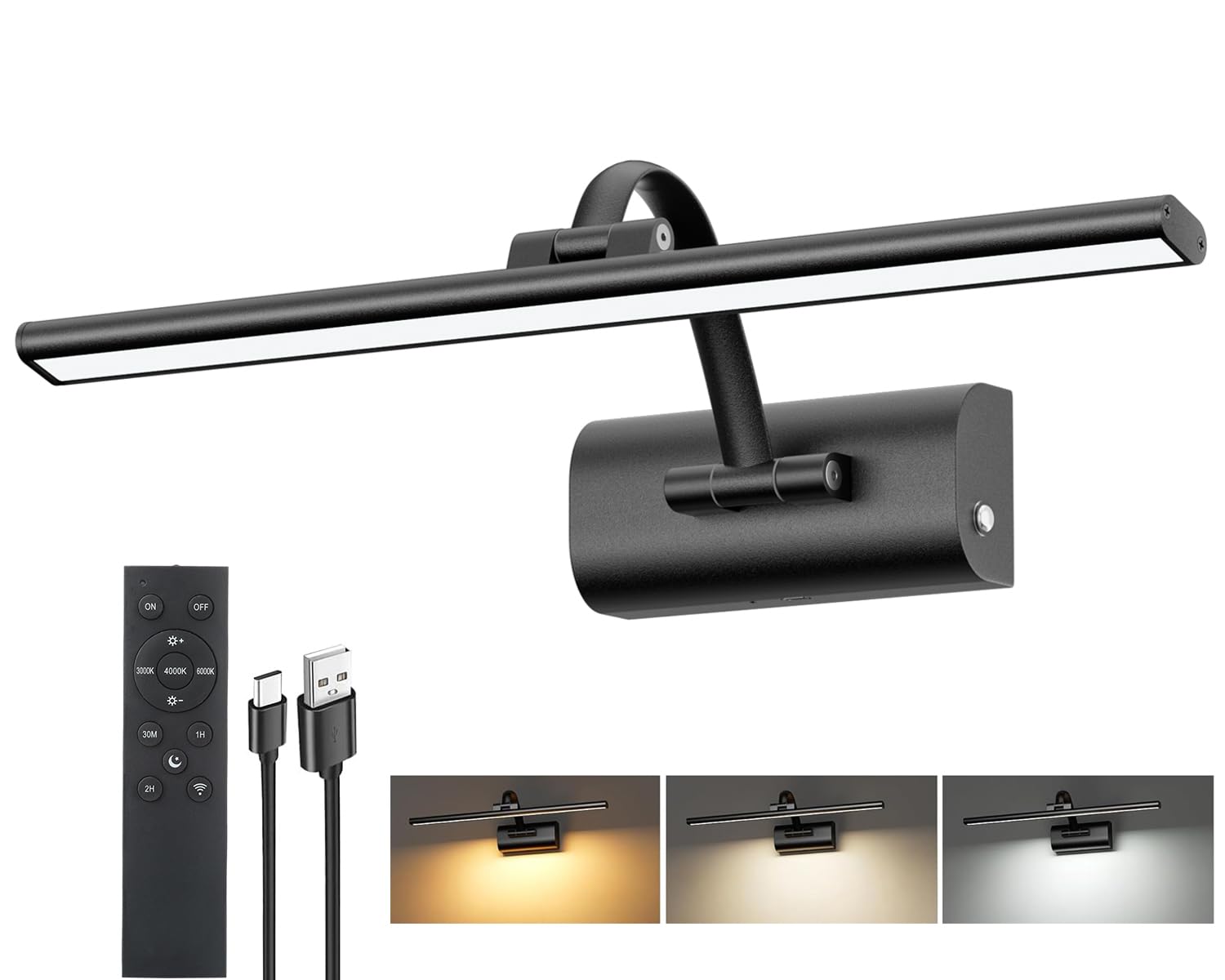 HUAEU 16" Picture Lights for Wall, 5200mAh Rechargeable Wireless Picture Light with Remote, Dimmable 3 Color Temps Battery Operated Wall Lights for Pictures Painting Dartboard Gallery, 40cm Black — image 1